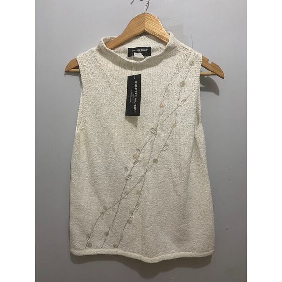 Colette Mordo White Sleeveless Knit Top With Embroidered Vine Design Size M - Picture 1 of 3